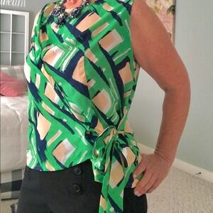 Kelly Green Blue Cream wrap style top w/side tie figure flattering office layer